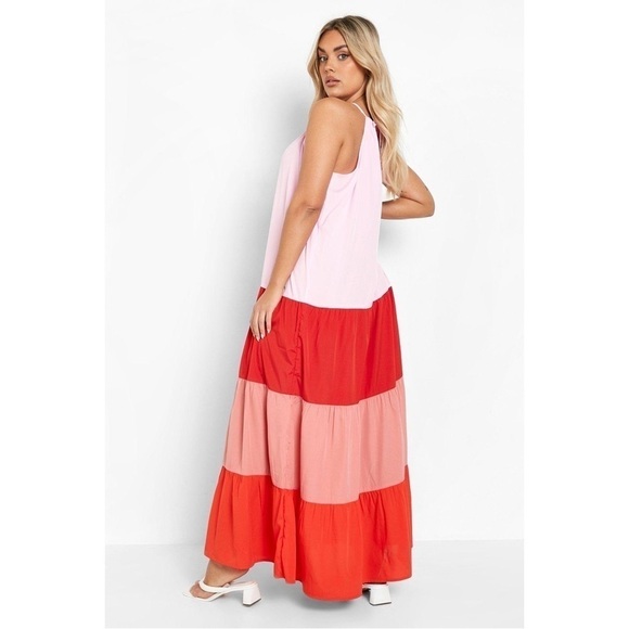 Boohoo Oversized Tiered Color Block Maxi Dress Pink - Picture 3 of 7